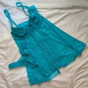 NWOT Mesh Ruffle Flyaway Babydoll and Thong Panty Set